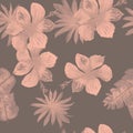 Pink Seamless Background. Gray Pattern Nature. Coral Tropical Exotic. Black Flower Background. Banana Leaves.