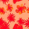 Pink Seamless Botanical. Red Pattern Hibiscus. Ruby Tropical Palm. Scarlet Flower Palm. Coral Spring Foliage.