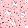 Pink seamless childish pattern with hearts and cute cats and dogs