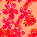 Pink Seamless Foliage. Ruby Pattern Illustration. Scarlet Tropical Plant. Coral Garden Texture. Monstera Leaves.