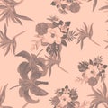 Pink Seamless Leaves. Brown Pattern Nature. Gray Tropical Exotic. Black Flower Painting. Coral Watercolor Illustration. Royalty Free Stock Photo