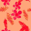 Pink Seamless Nature. Red Pattern Textile. Ruby Tropical Painting. Scarlet Flower Illustration. Coral Drawing Textile. Spring