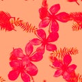 Pink Seamless Painting. Red Pattern Design. Ruby Tropical Nature. Scarlet Flower Texture. Coral Drawing Plant.