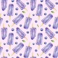 Pink seamless pattern with blueberry popsicles. Digital watercolor for fabric, print
