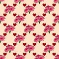 Pink seamless pattern with bouquets of flowers and hearts. Royalty Free Stock Photo