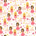 Kids ornament. Pink seamless pattern with cute little princess.