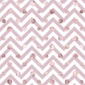 Pink seamless pattern foil. Rose gold dots. Chevron zigzag texture. Sparkle irregular dot. Golden roses scatter glitter dots. Fash