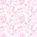 Pink seamless pattern girl. Cake, cupcake, balloons, bow. Hand drawn watercolor illustration isolated on white