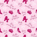 PINK SEAMLESS PATTERN FOR GIRLS , GIRLY ICONS PATTERN WITH FUNNY GIRLY CUTE QUOTES FOR GIRLS ON PINK BACKGROUND Royalty Free Stock Photo