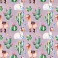 Pink seamless pattern with green watercolor cactus,succulents, multicolored flowers and cute llamas