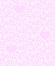 Pink seamless pattern with hearts and white floral element. Baroque Valentines day love vector background.