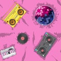 Pink seamless pattern mixer vinyl tape recorder cassette player disco ball. vector image