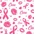 Pink seamless pattern with ribbons, kisses and flowers. Feminine repeat background about support and raising awareness Royalty Free Stock Photo