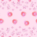 Pink seamless pattern with watercolor cute sheeps and stars. Royalty Free Stock Photo