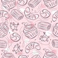 Pink Seamless Patterns with cupcake, croissant, cake and bonbon on grunge background. Ideal for printing onto fabric and paper or