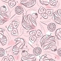 Pink Seamless patterns with cupcake, croissant and cookie on grunge background. Ideal for printing onto fabric and paper or scrap