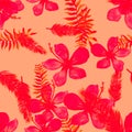 Pink Seamless Textile. Ruby Pattern Exotic. Coral Tropical Botanical. Red Flower Texture. Scarlet Drawing Botanical. Spring