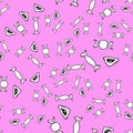 Pink seamless texture on Purim with Gomentash, candy. Doodle, sketch, hand drawing. Vector illustration