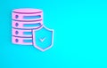 Pink Server with shield icon isolated on blue background. Protection against attacks. Network firewall, router, switch Royalty Free Stock Photo