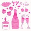 Pink set cartoon illustration of romantic objects. Cartoon bottle with glasses and fruit