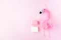 Pink set of soap and washcloth flamingo on pink background. girl body care. bath accessories Royalty Free Stock Photo