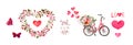 Pink set for Valentines day - bicycle with flowers, hearts, butterflies and text Love is in the air , floral frame with