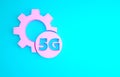 Pink Setting 5G new wireless internet wifi connection icon isolated on blue background. Global network high speed