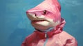 Pink Shark: A Hyper-realistic, Neo-geo Painting With Distorted And Exaggerated Figures