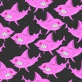 Pink shark seamless pattern. Predator fish with large teeth. Vec