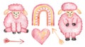 Pink Sheep Clipart, Watercolor Cute Love Day Lamb, Farm Animal clip art, Heart and arrow illistration, rainbow, Valentines day,