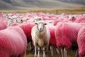 A pink sheep among white sheep, AI generated Royalty Free Stock Photo