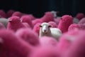 A pink sheep among white sheep, AI generated Royalty Free Stock Photo