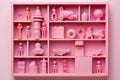 Pink shelf filled with lots of different types of toys. Generative AI