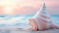 A pink shell on the beach at sunset, AI