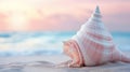 A pink shell on the beach at sunset, AI Royalty Free Stock Photo