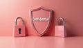 Pink shield with word confidential stands between two padlocks. Security concept for sensitive data privacy. Safe access concept. Royalty Free Stock Photo