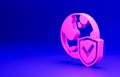 Pink Shield with world globe icon isolated on blue background. Insurance concept. Security, safety, protection, privacy Royalty Free Stock Photo