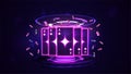 Pink shine neon casino playing cards with poker chips in hologram of digital rings in dark empty scene. Diamond Royal Flush