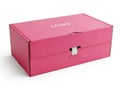 Pink shipping box with logo isolated on white background Royalty Free Stock Photo
