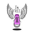 Pink shoe with wings and handwritten inscription slogan I am free, trendy youth graphic print on a t-shirt for a girl Royalty Free Stock Photo