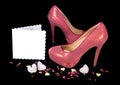 Pink shoes on black background, card with copy space. Royalty Free Stock Photo