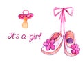 Pink shoes with flowers hanging on lace and pacifier