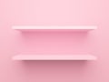 Pink shop shelf hanging on wall for mockup. Valentines theme design concept. Empty two bookshelf on pastel background or texture