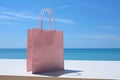 Pink shopping bag on blue sky, minimal style springtime or summer sale and Valentine surprise offer promotion concept. generative