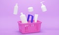 Pink shopping basket with bottles of cosmetics. 3d rendering