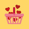 Pink shopping basket filled with hearts and likes, online shopping and marketing concept