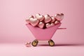 Pink shopping cart or wheelbarrow with shiny metallic hearts. Generative AI