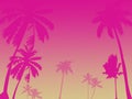 Pink silhouettes of palm trees on a pink red background, sunset imitation
