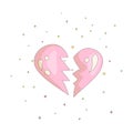 Pink simple broken heart icon. Fun cartoon broken heart with decoration elements on background. Simple broken heart