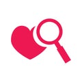 Pink simple icon of favorite website - heart and magnifier